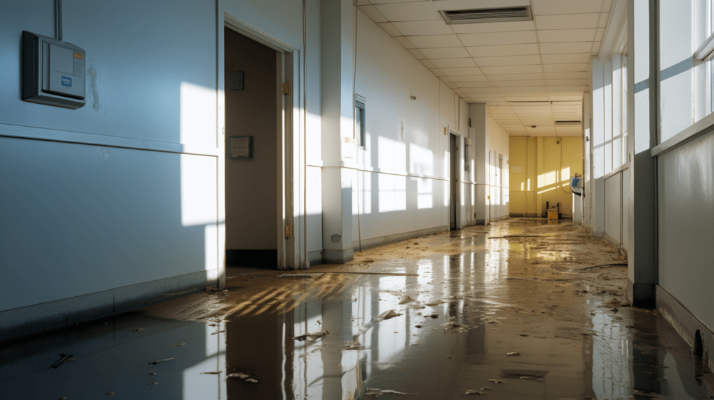 Level two gray water damage in commercial office building after flooding